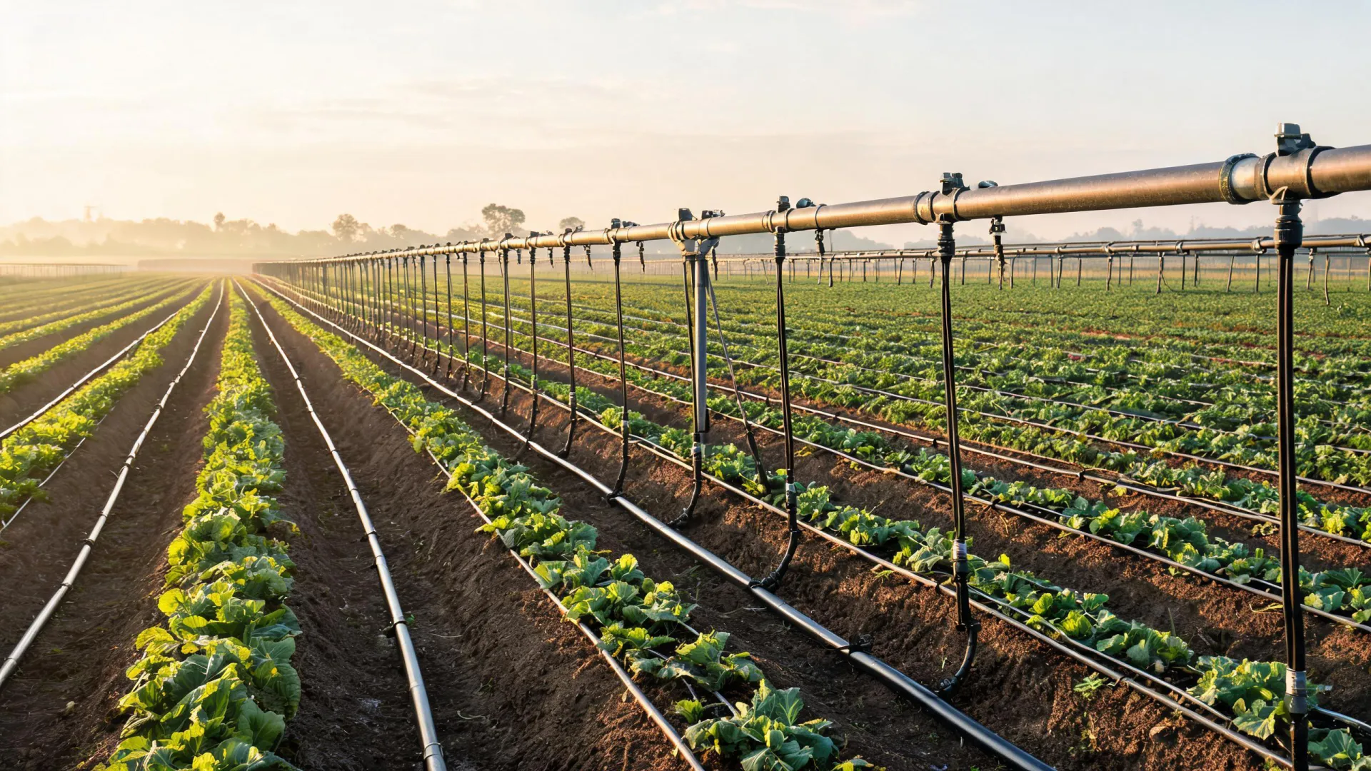 Drip tape laid along commercial vegetable rows